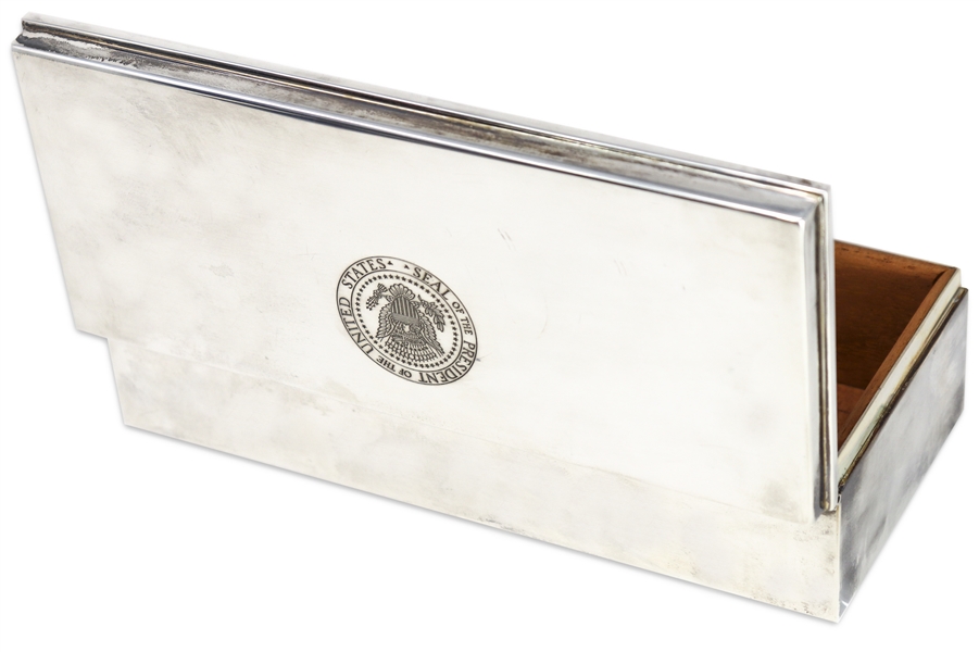 Lyndon B. Johnson Owned Silver Tiffany Cigarette Box With Presidential Seal -- Used by LBJ as President